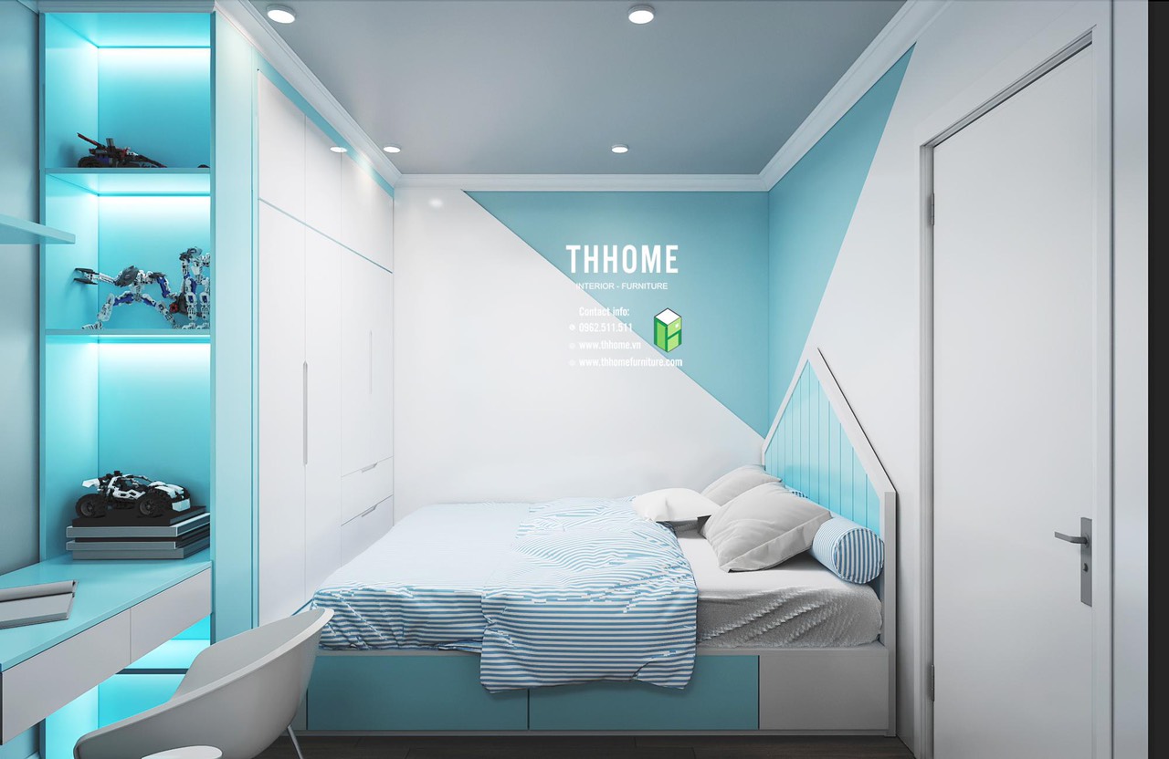 Phòng ngủ của con trai chủ nhà được thiết kế năng động, trẻ trung với tone xanh trắng