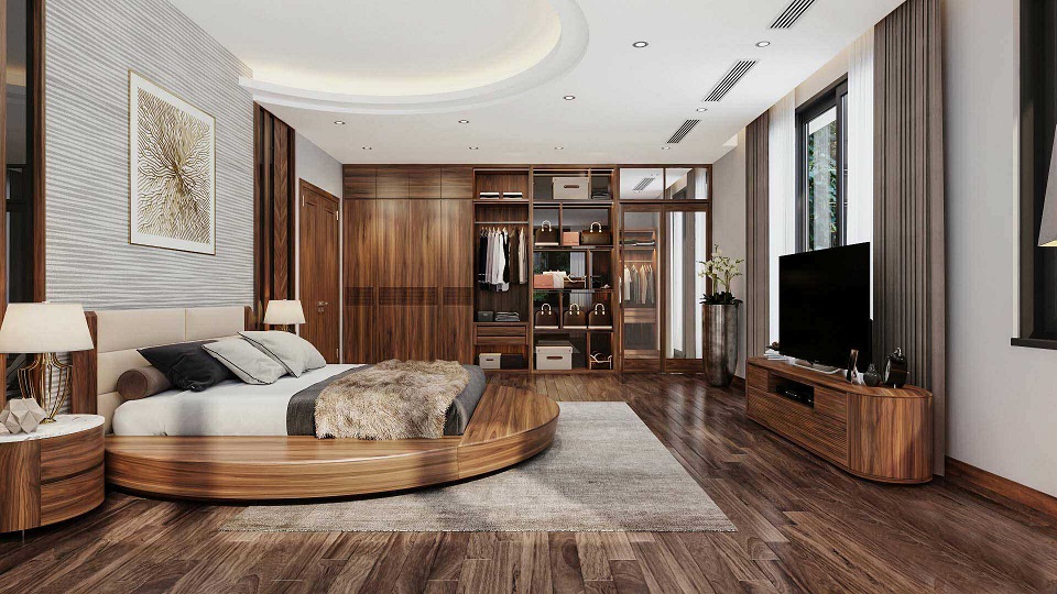 Phòng ngủ gỗ óc chó giường tròn