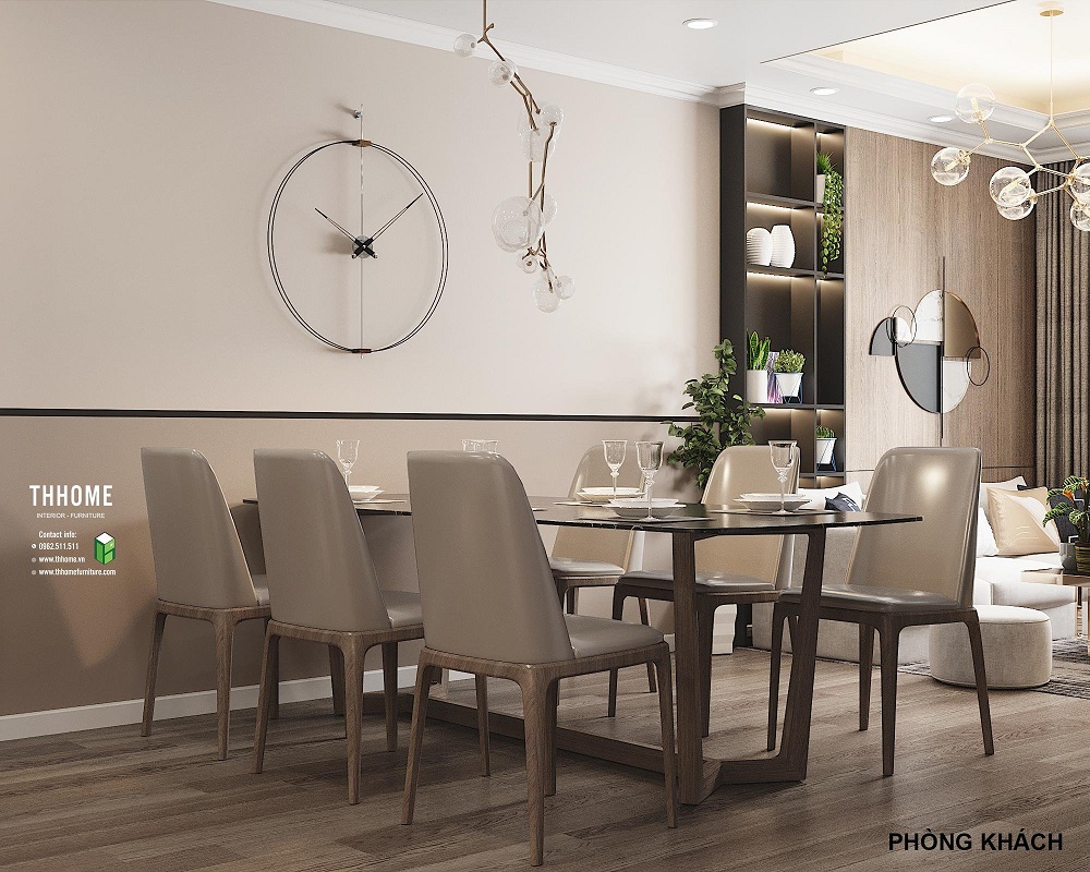 Khu vực bàn ăn liên thông với phòng bếp với mức báo giá nội thất chung cư 60m2