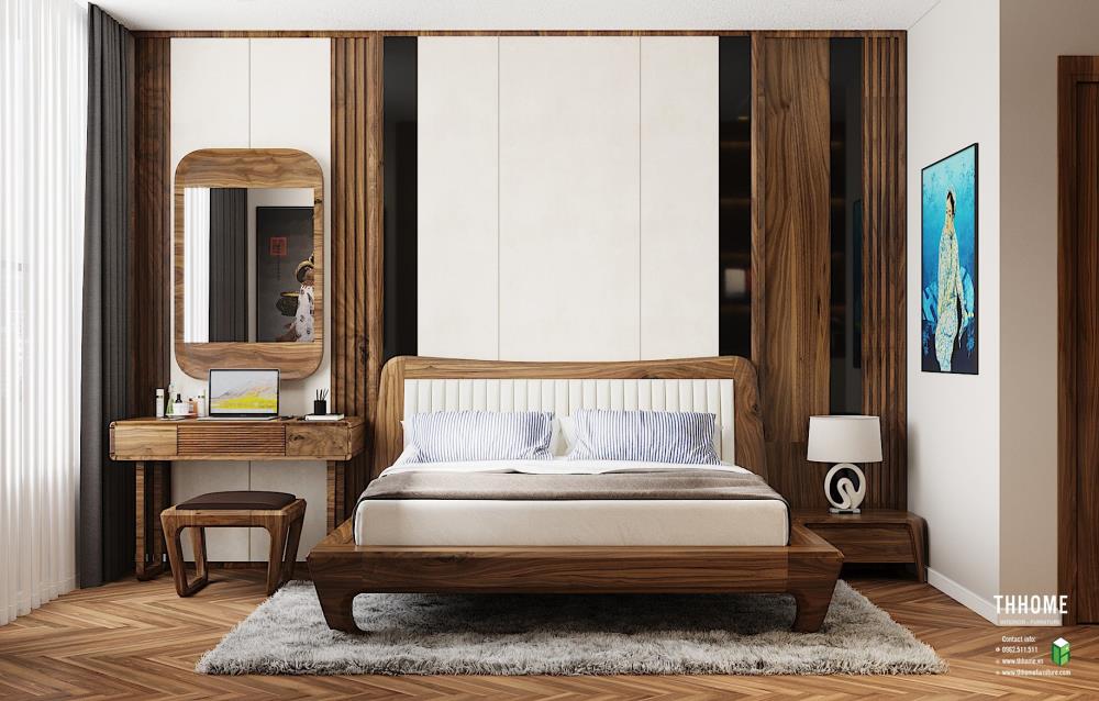 Phòng ngủ Master với nội thất đồ gỗ óc chó của căn hộ chung cư Vinhomes Green Bay