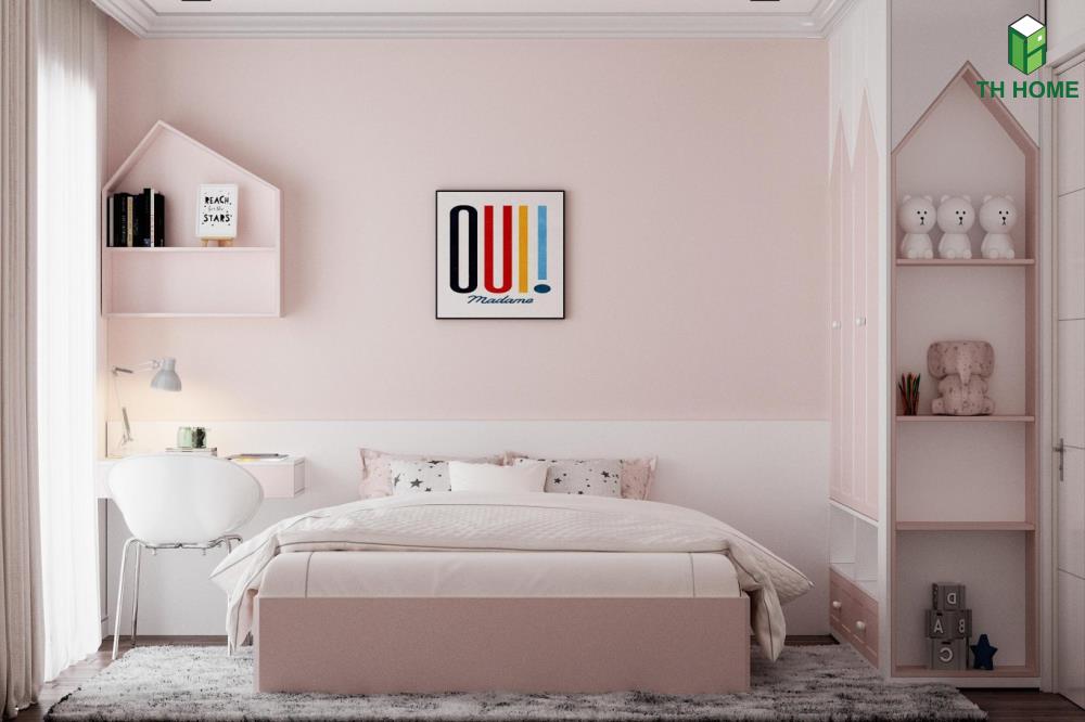 Phòng ngủ con đơn giản, đáng yêu với tông hồng nhạt của căn hộ cao cấp Kosmo