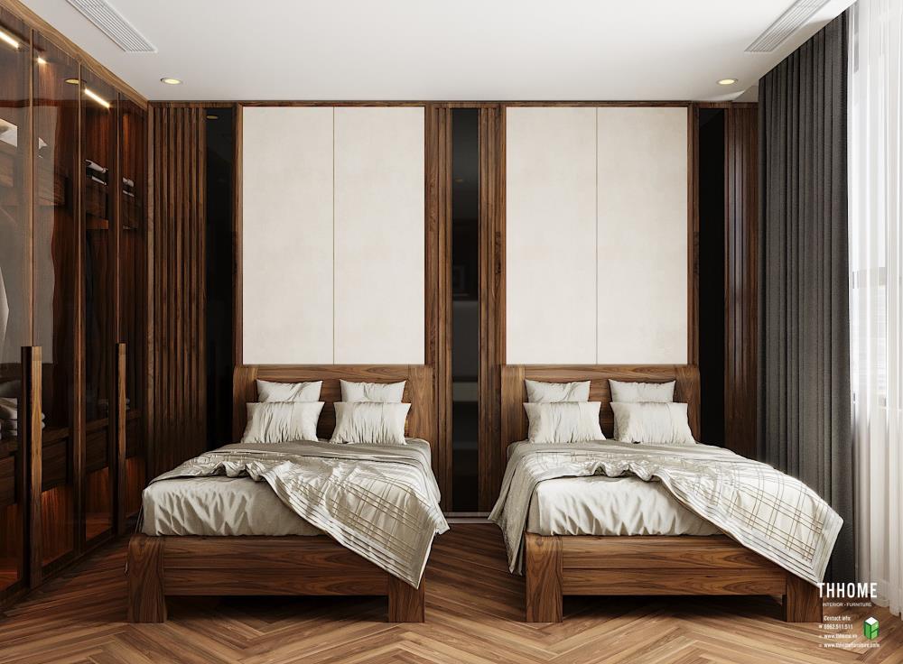 Phòng ngủ trẻ em với thiết kế nội thất giường đôi tiện lợi chất liệu gỗ óc chó