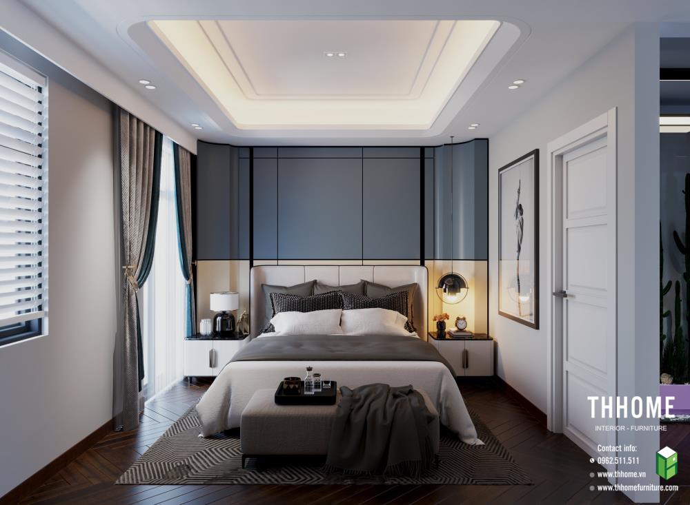 Phòng ngủ sử dụng tông màu trầm lạnh, đơn sắc để tạo cảm giác dễ chịu, dịu mắt