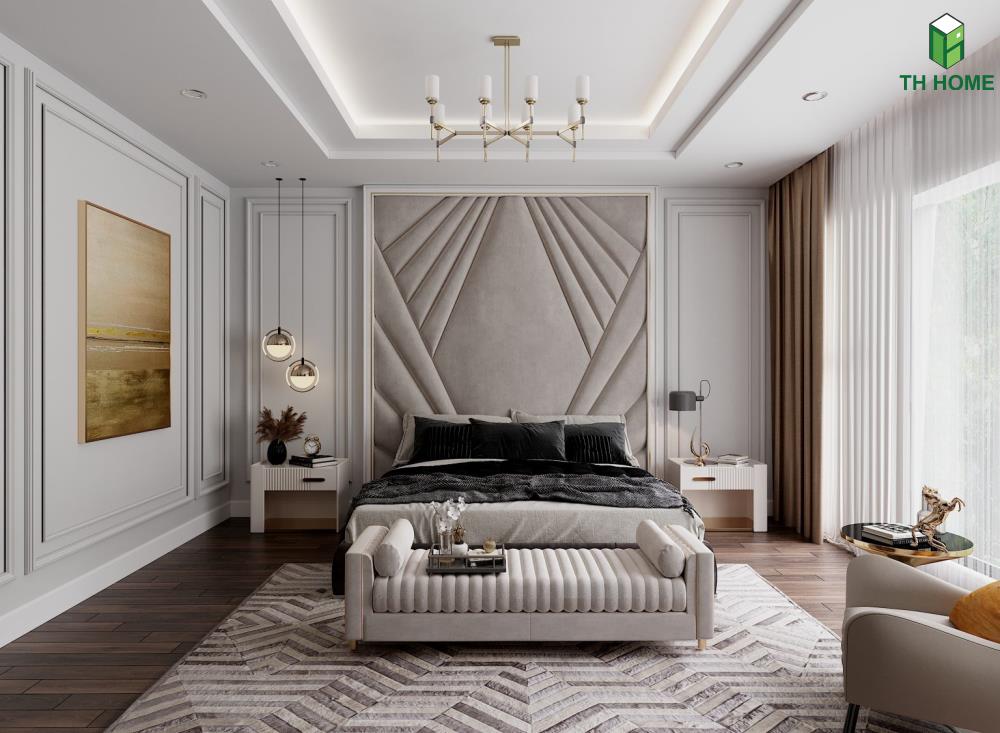 Phòng ngủ thiết kế theo phong cách tân cổ điển sang trọng và ấm cúng cho mẫu nhà đẹp liền kề