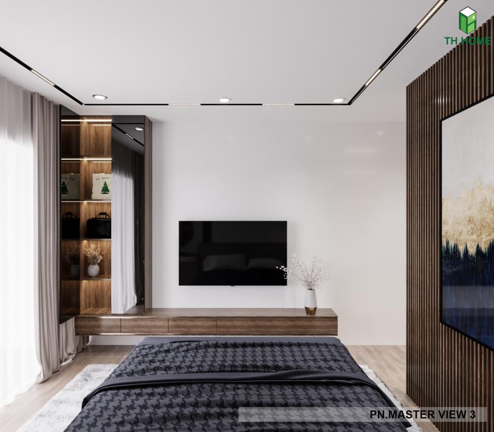 Thiết kế nội thất phòng ngủ căn hộ chung cư The Emerald kệ tivi