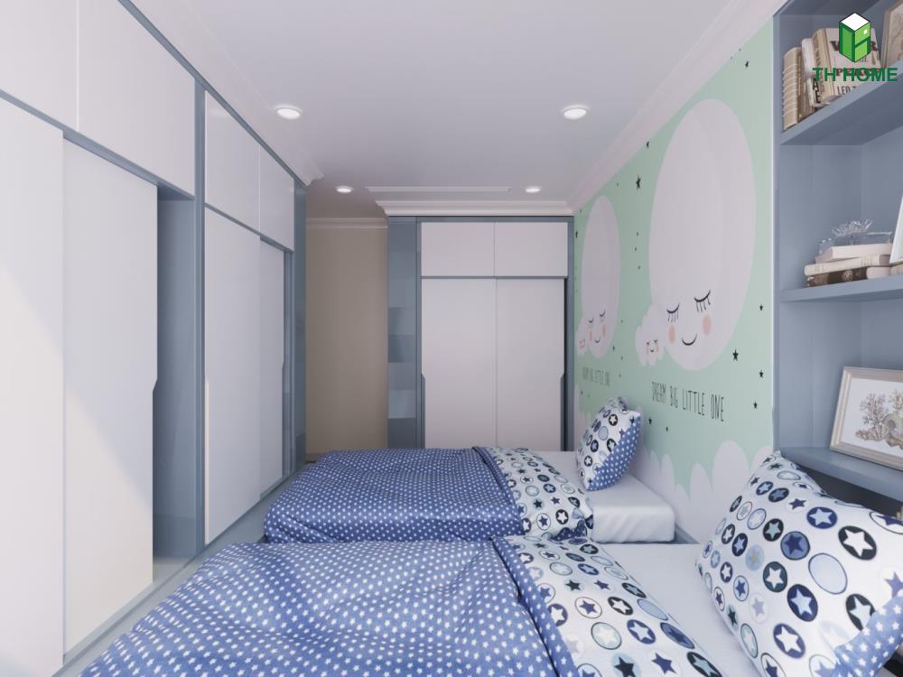 Tông màu xanh trắng đáng yêu, năng động dành cho phòng ngủ con của mẫu thiết kế nội thất chung cư đẹp Sonata
