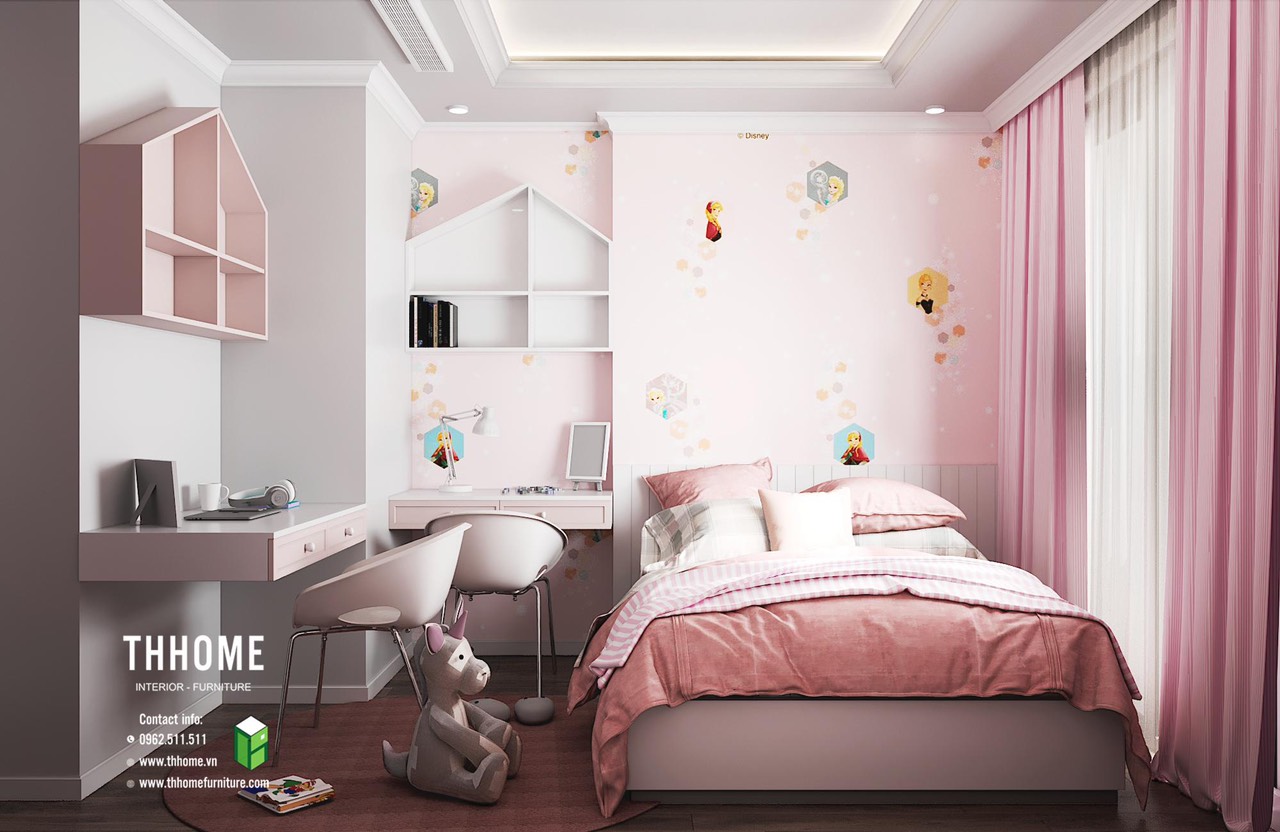 Phòng ngủ trẻ em thiết kế gam màu hồng nhẹ nhàng, ấm áp