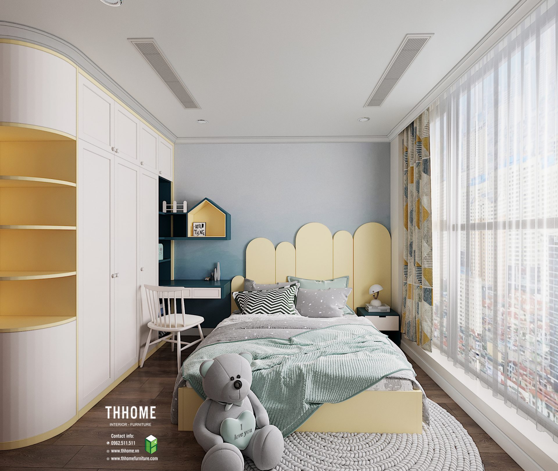 thi công nội thất phòng trẻ em của các bé trai thường đơn giản, màu sắc giản dị hơn so với phòng cho bé gái