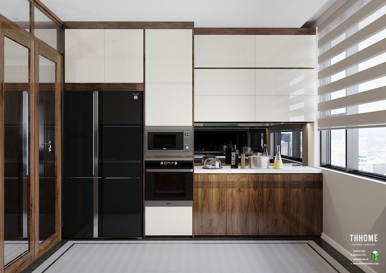 Phòng bếp tối giản nhưng vẫn rất độc đáo nhờ màu sắc của gỗ và thiết kế đơn giản, thông minh