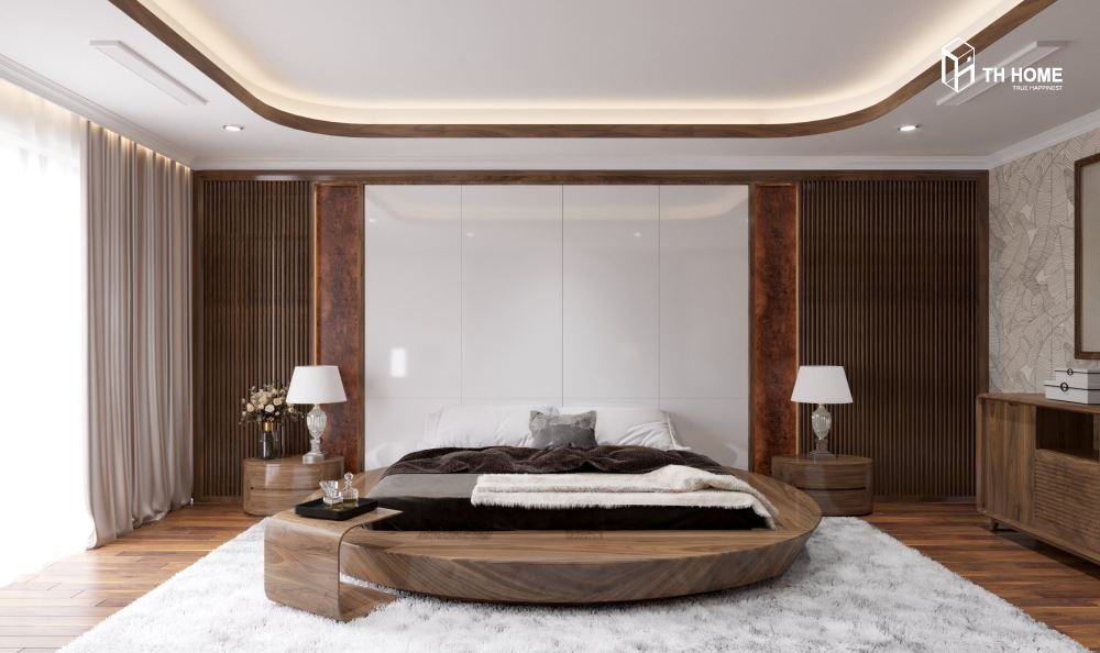 Giường ngủ tròn độc đáo với nội thất gỗ óc chó