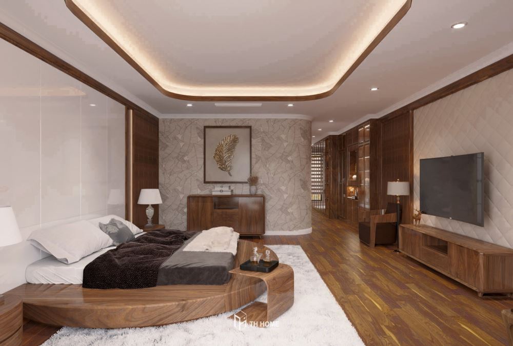Không gian phòng ngủ ấm cúng với nội thất gỗ óc chó