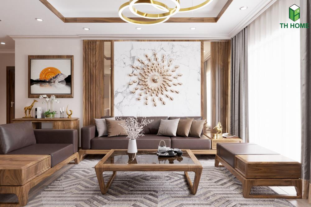 phòng khách gỗ căn hộ chung cư luxury cầu giấy