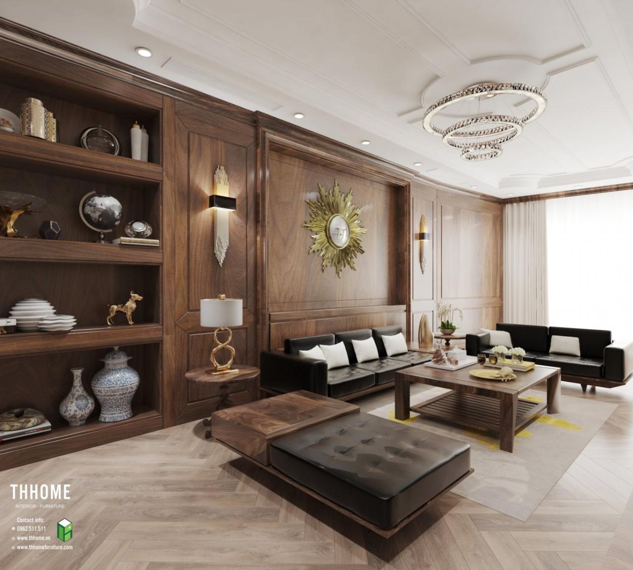 Không gian nội thất ấn tượng từ gỗ óc chó với tone nâu trầm ấm và những đường vân gỗ uốn lượn