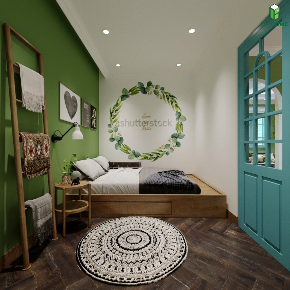 Phòng ngủ thứ ba với tông màu xanh tươi mát của căn hộ Homestay