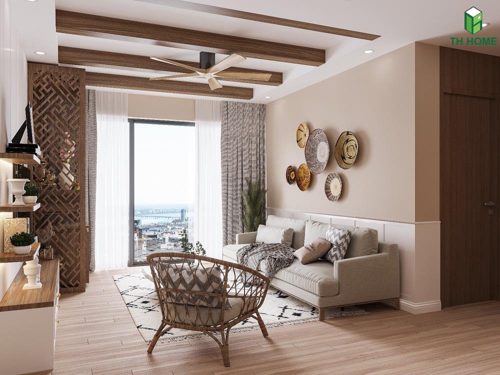 nhà đẹp nội thất Rustic với mẫu phòng khách sử dụng chất liệu tự nhiên