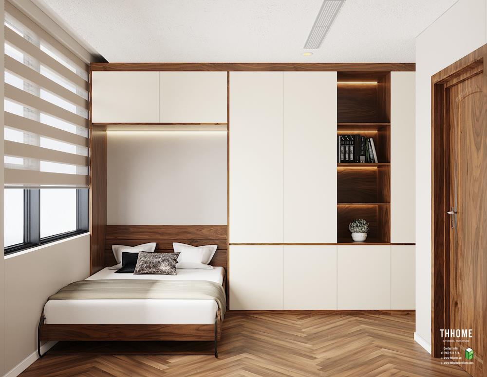 Phòng ngủ nhỏ thứ hai với nội thất đồ gỗ óc chó hiện đại