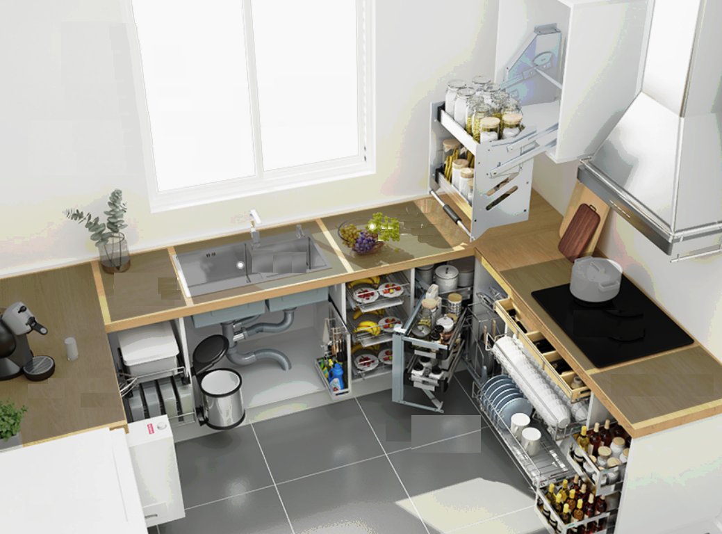 Mẫu nội thất thông minh kệ bếp tích hợp nhiều ngăn kéo nhỏ chứa đồ gọn gàng