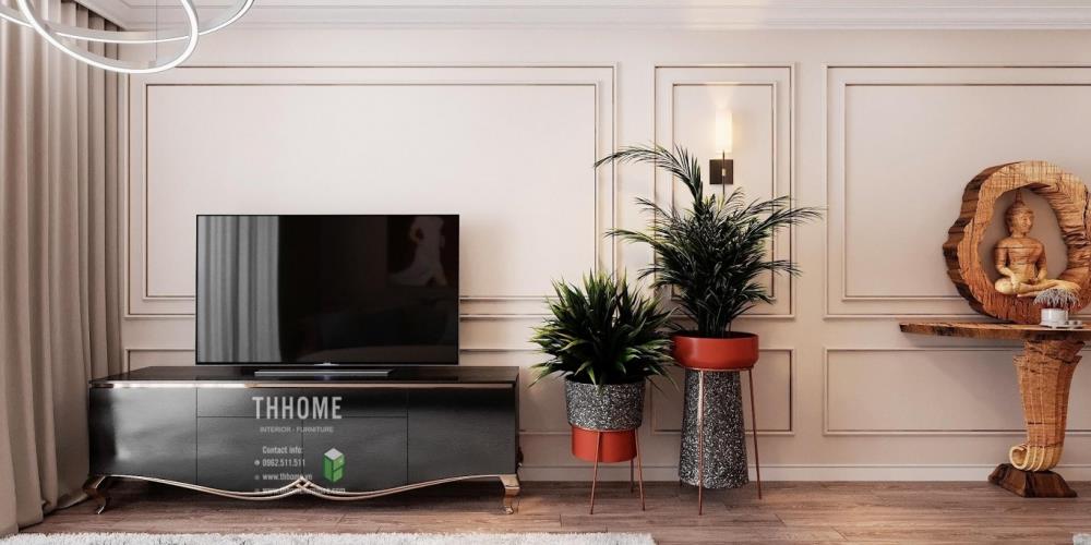 Kệ tivi đơn giản, hiện đại của phòng khách căn hộ cao cấp Kosmo