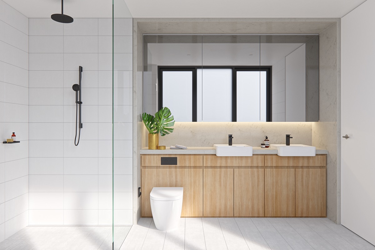 Phòng tắm tối giản ưu tiên sử dụng những nội thất tích hợp