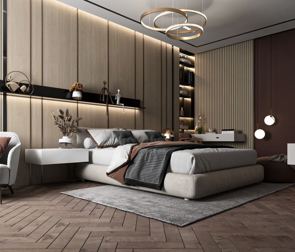 Thiết kế nội thất biệt thự đẹp trong không gian nghỉ ngơi tuyệt vời với giường và sofa cao cấp.