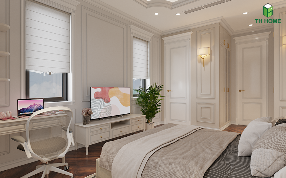 Phòng ngủ thiết kế nhẹ nhàng, thoải mái với tone màu trắng be