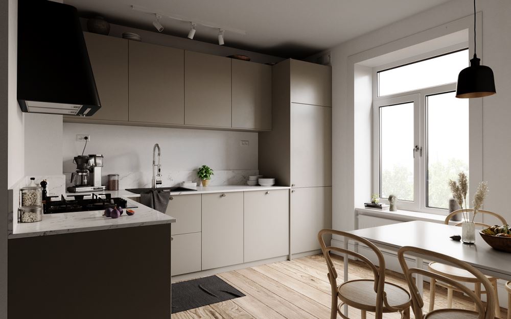 Tủ bếp thường được sử dụng theo dạng không khung, mang đến nét đẹp đơn giản và hiện đại