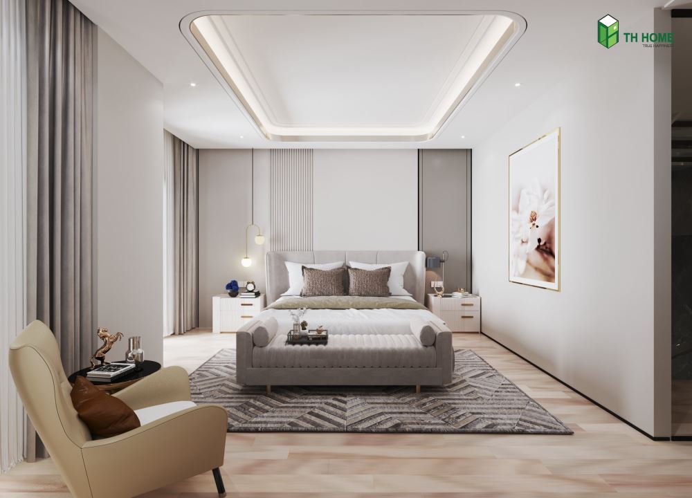 Không gian phòng ngủ nhẹ nhàng, tinh tế mà ấn tượng với thiết kế bất đối xứng
