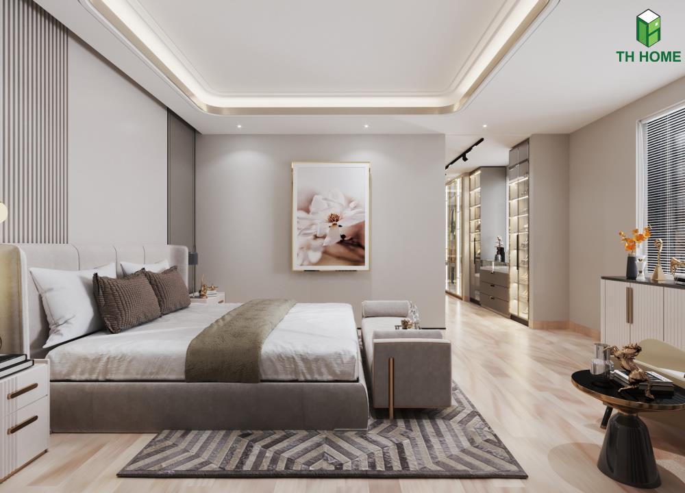 Không gian phòng ngủ sang trọng, ưu tiên sự thoải mái, dễ chịu trong nội thất nhà ở liền kề hiện đại