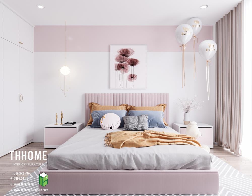 Phòng ngủ con với tông màu hồng ngọt ngào của bản vẽ thiết kế nhà đẹp phố Trường Chinh này
