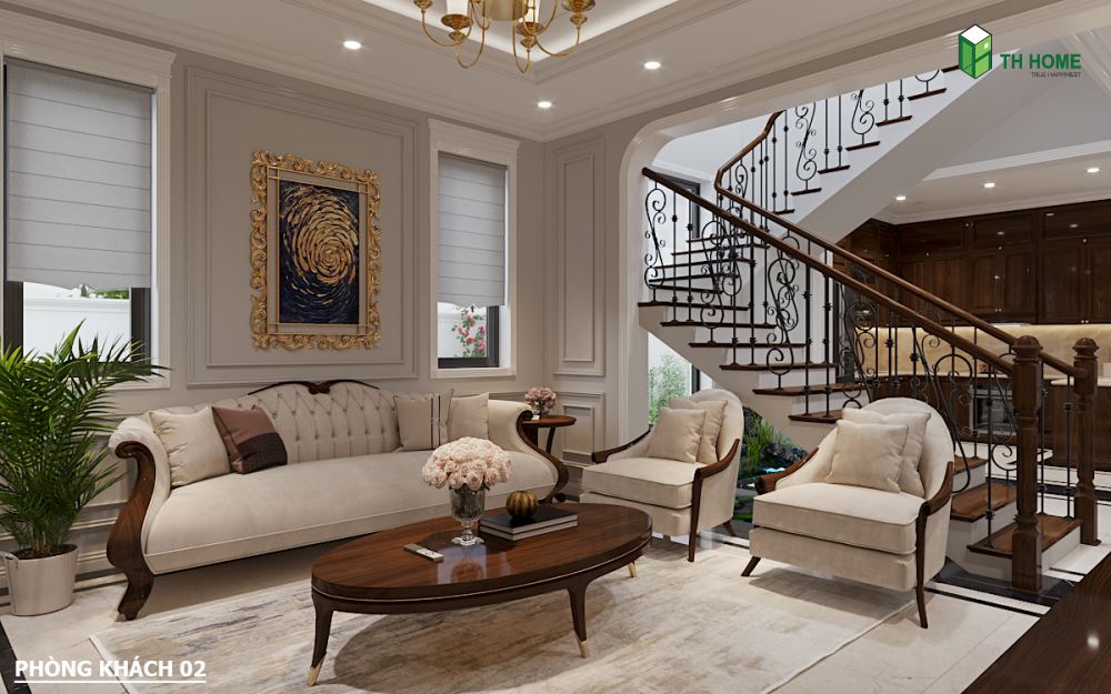 Bộ sofa là điểm nhấn trong phòng khách với kiểu dáng hòa quyện giữa nét cổ điển và hiện đại