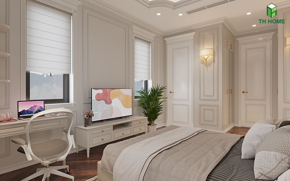 Phòng ngủ thoải mái, nhẹ nhàng và dễ chịu với tone màu trắng làm chủ đạo