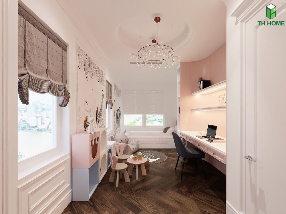 Phòng ngủ con thứ hai với tông hồng trắng nhẹ nhàng, ngọt ngào tại thiết kế nhà ở đẹp Thiên đường bảo sơn