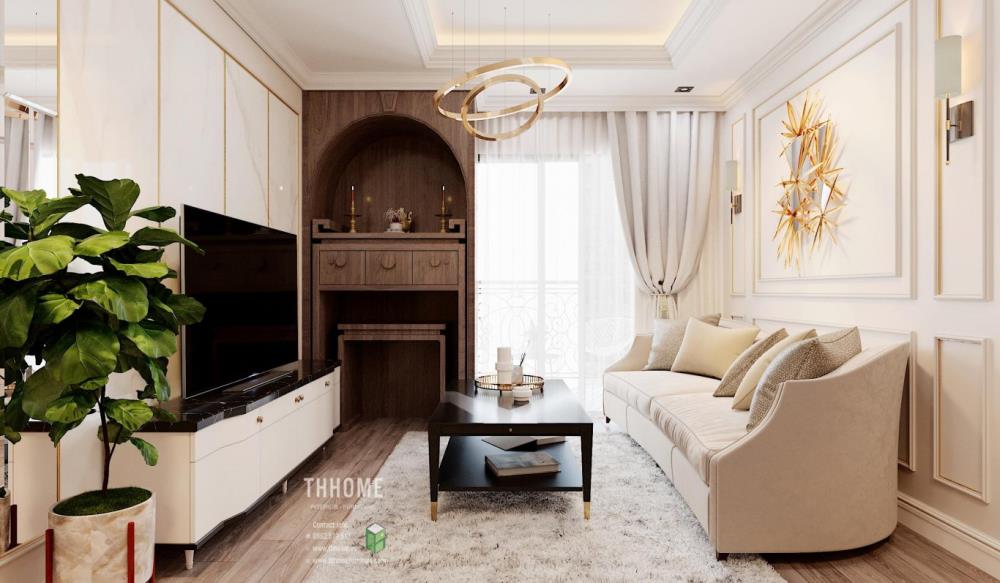 Phòng khách trong thiết kế nhà ở đẹp tân cổ điển sang trọng và ấm cúng 