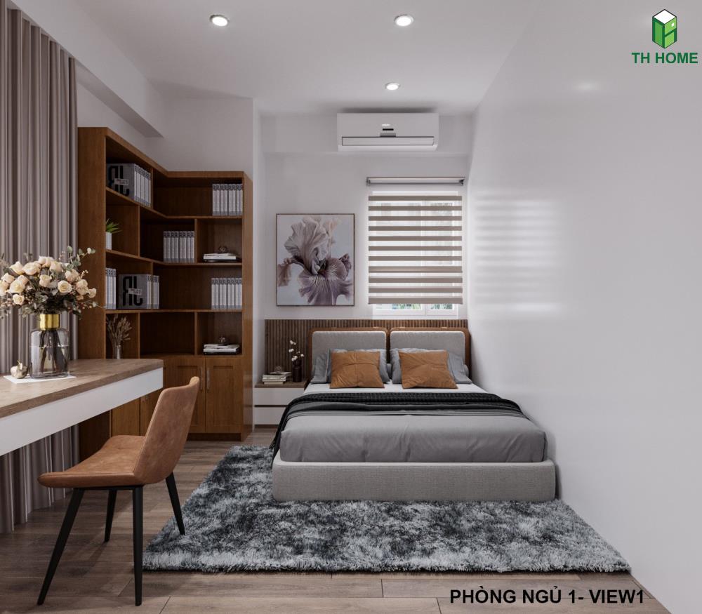 Phòng ngủ chính của căn hộ được thiết kế đơn giản nhưng vẫn đầy đủ và thoải mái nhất