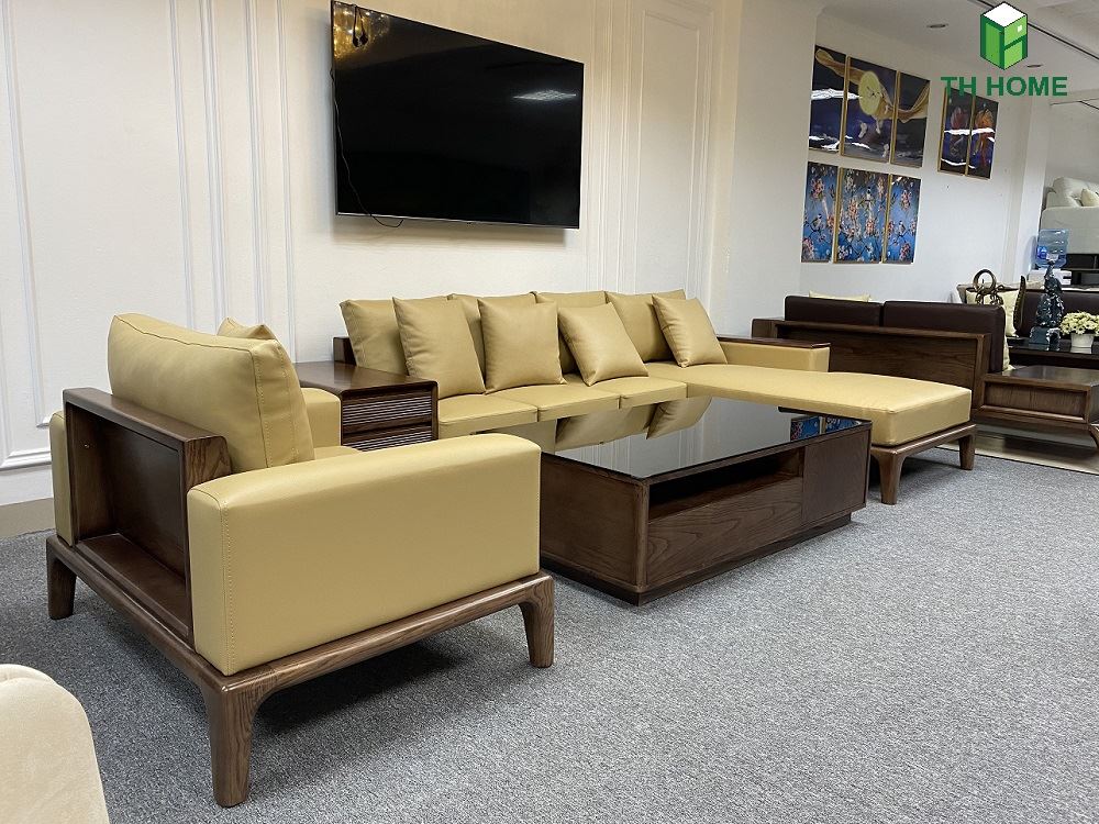 Sofa chữ L gỗ óc chó phù hợp đa dạng không gian phòng khách