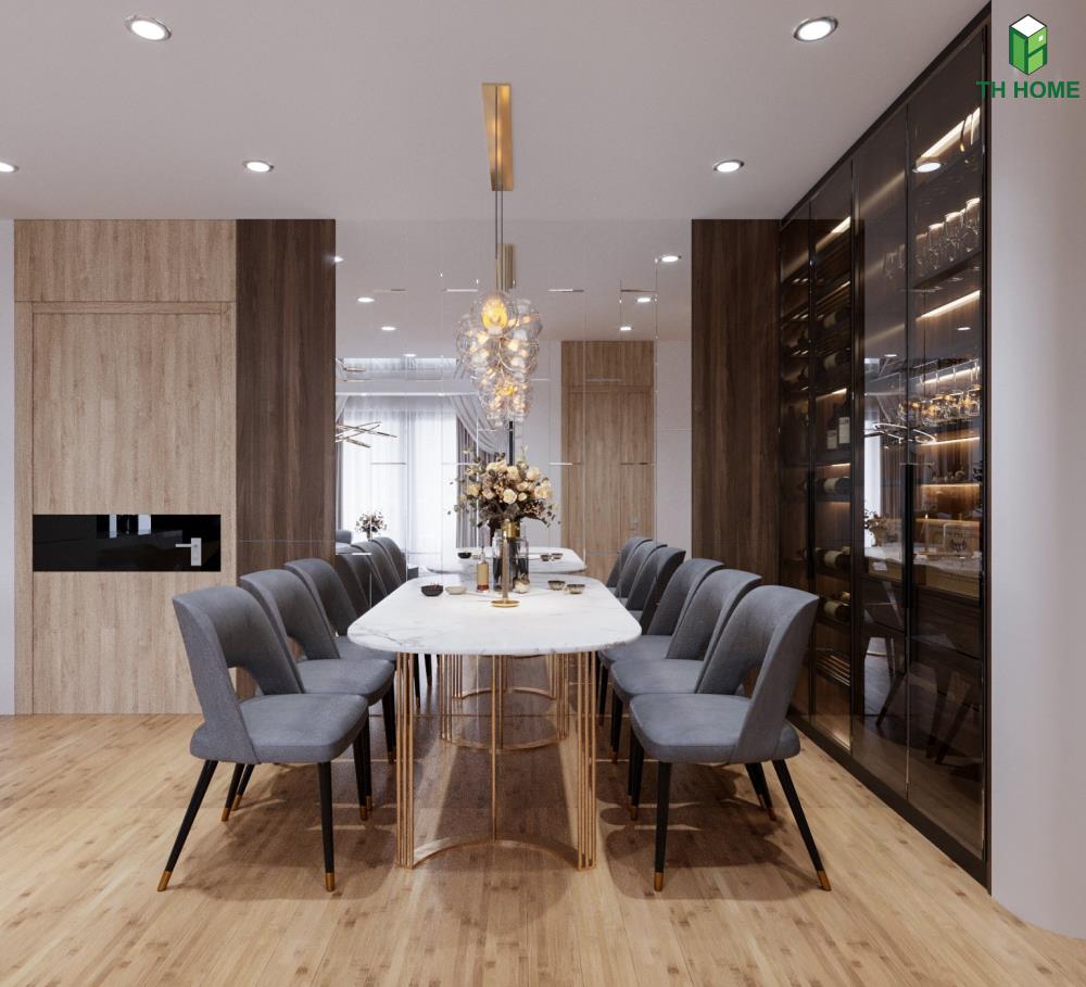 Khu vực phòng ăn được sử dụng nhiều gương kính để tạo cảm giác sâu rộng hơn cho thiết kế mẫu nhà đẹp The Zei