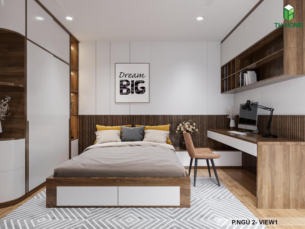 Phòng ngủ con của mẫu thiết kế nội thất chung cư 100m2 đơn giản mà tiện nghi