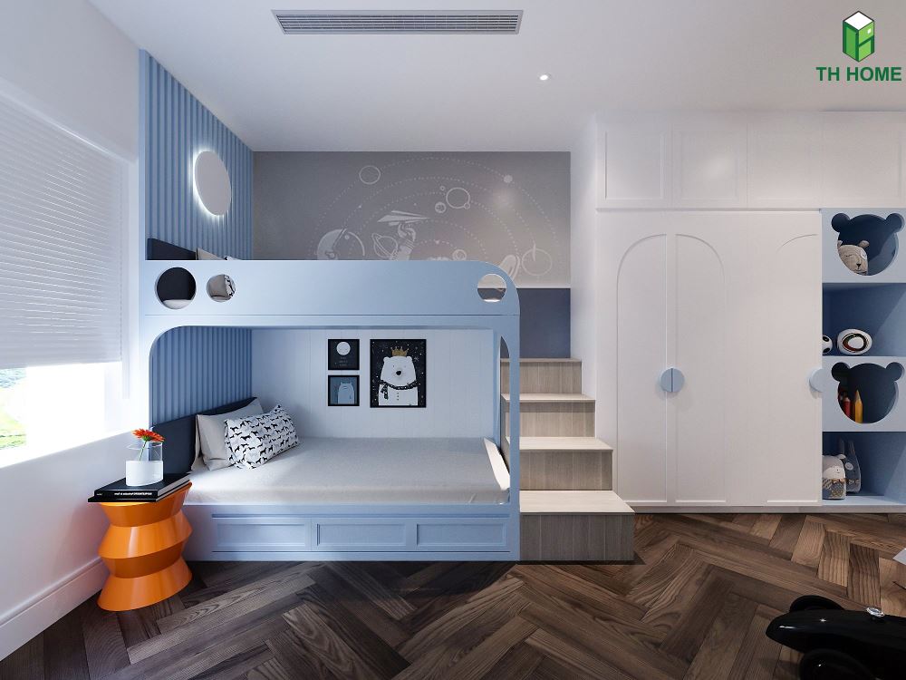 Phòng ngủ con trai với tông màu xanh trắng năng động