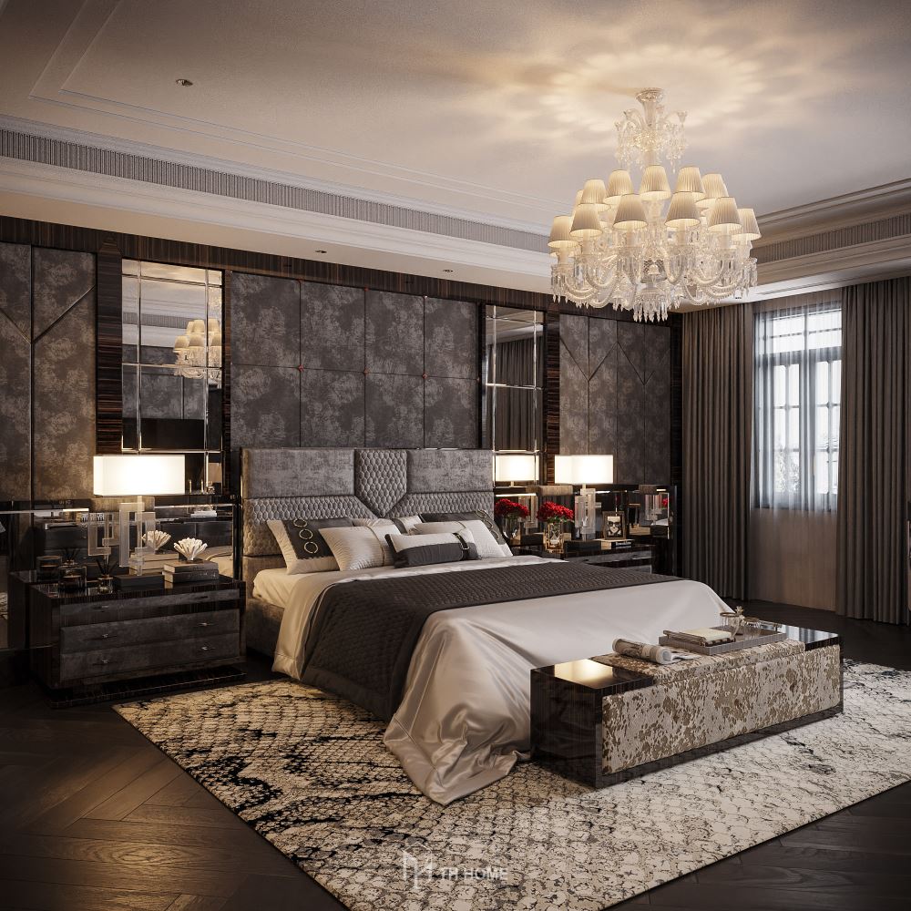 Phòng ngủ cũng được thiết kế với tone màu xám ghi độc đáo