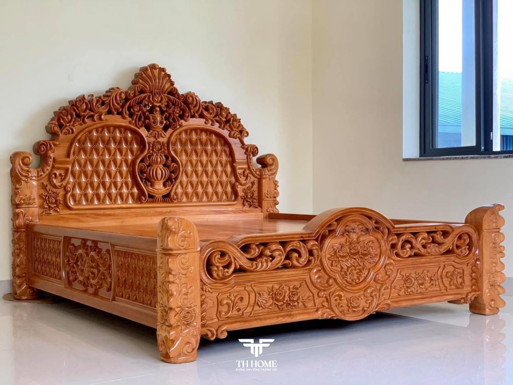 Mẫu giường gỗ gõ hoàng gia, đẳng cấp với những chi tiết cầu kỳ