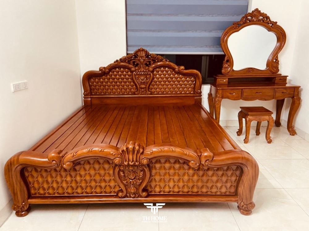 Giường gỗ gõ Việt Nam bền đẹp, mang đến không gian phòng ngủ sang trọng