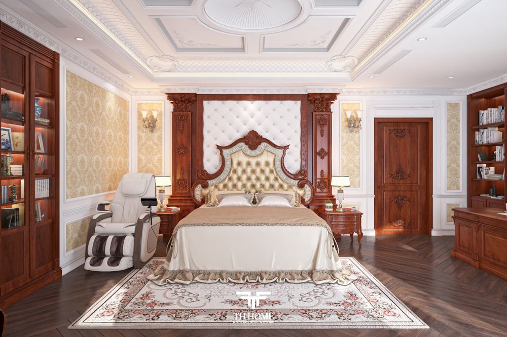 Mẫu giường tân cổ điển đẹp với chất liệu gỗ gõ đỏ